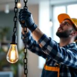 A photograph of a skilled lighting contractor expertly installing a stylish light fixture using a sturdy chain