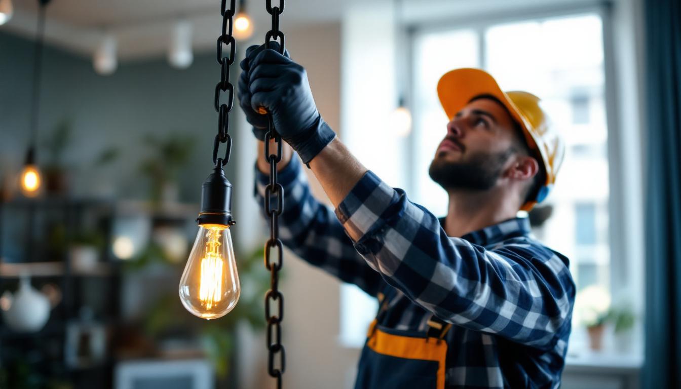 A photograph of a skilled lighting contractor expertly installing a stylish light fixture using a sturdy chain