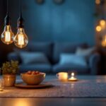 A photograph of a beautifully arranged setting featuring vintage-style led lights illuminating a cozy indoor space