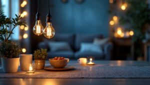 A photograph of a beautifully arranged setting featuring vintage-style led lights illuminating a cozy indoor space