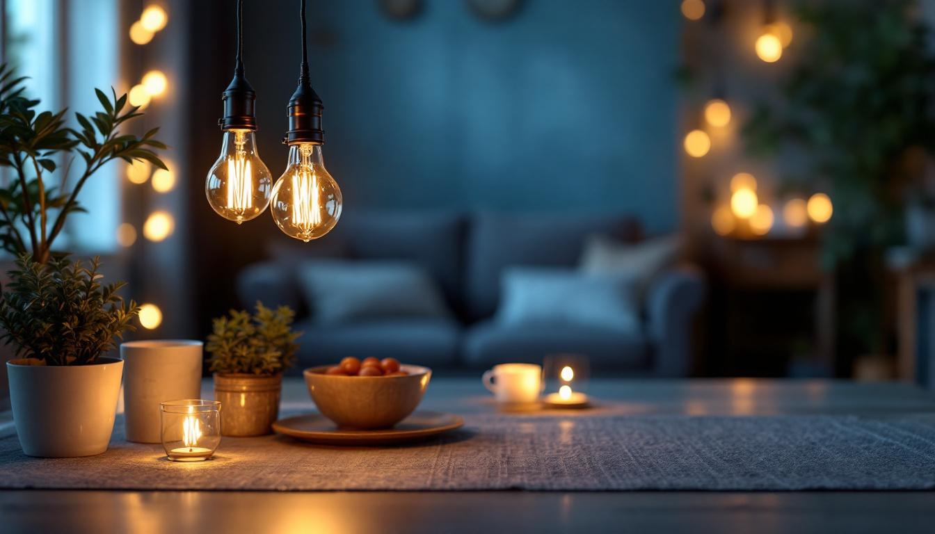 A photograph of a beautifully arranged setting featuring vintage-style led lights illuminating a cozy indoor space