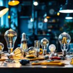 A photograph of a well-lit workspace featuring a variety of u-shaped bulbs in different settings