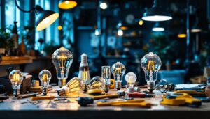 A photograph of a well-lit workspace featuring a variety of u-shaped bulbs in different settings