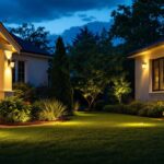 A photograph of a well-lit outdoor space featuring various styles of yard security lights installed around a home