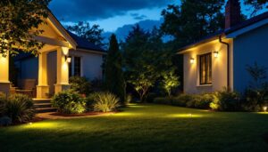 A photograph of a well-lit outdoor space featuring various styles of yard security lights installed around a home