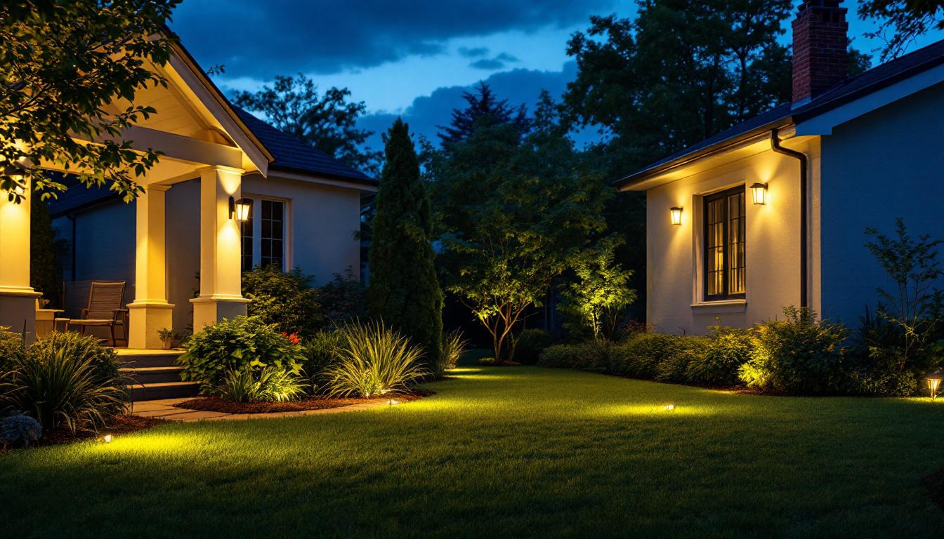 A photograph of a well-lit outdoor space featuring various styles of yard security lights installed around a home