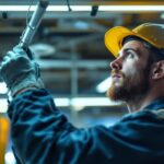 A photograph of a lighting contractor installing or inspecting small fluorescent light fixtures in a well-lit workspace