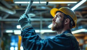 A photograph of a lighting contractor installing or inspecting small fluorescent light fixtures in a well-lit workspace