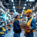 A photograph of a lighting contractor browsing through a well-stocked commercial lighting store