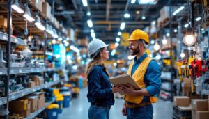 A photograph of a lighting contractor browsing through a well-stocked commercial lighting store