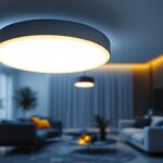 A photograph of a modern ceiling light fixture with a remote control in an elegantly designed living space
