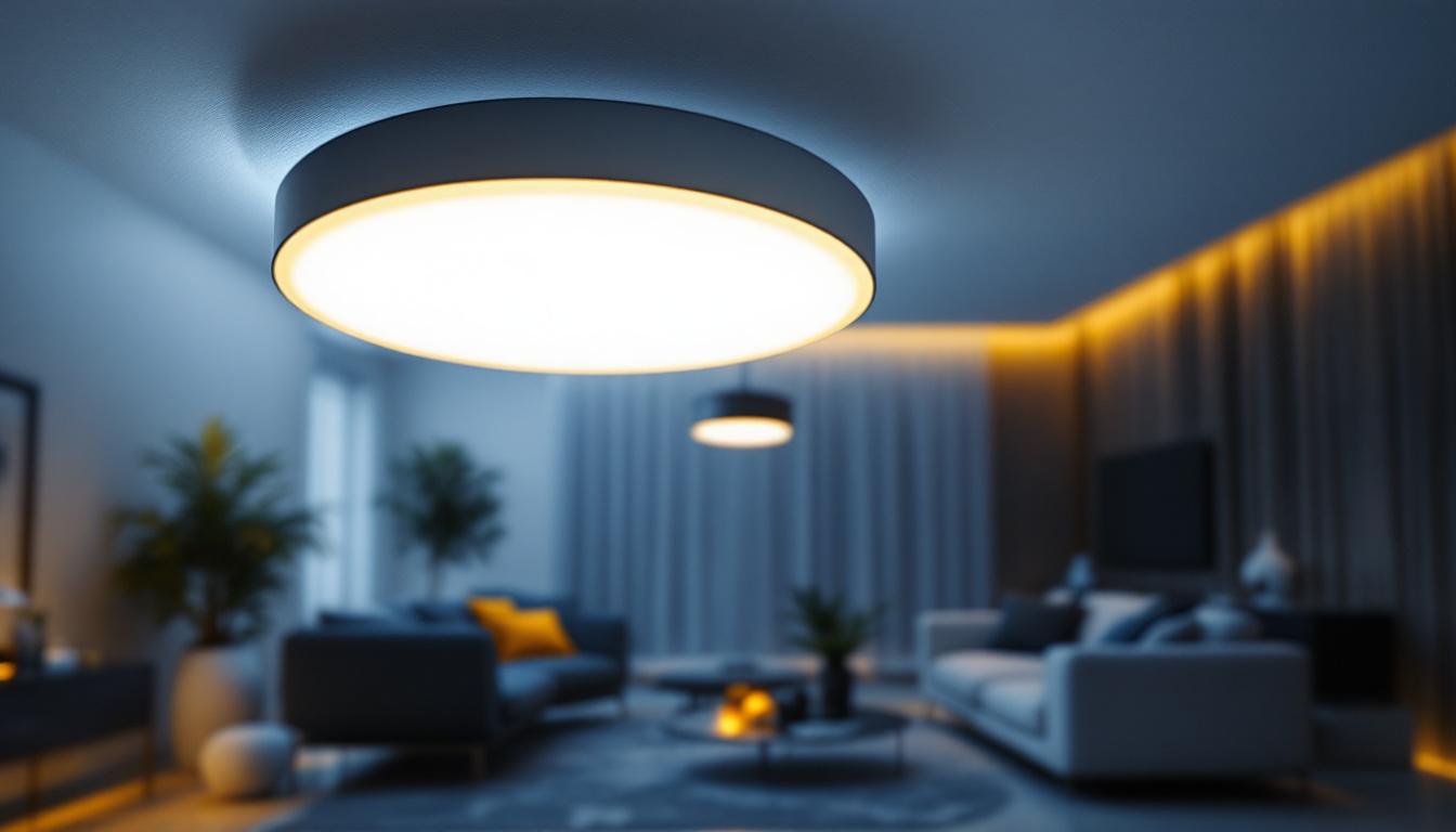 A photograph of a modern ceiling light fixture with a remote control in an elegantly designed living space