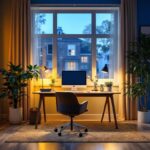 A photograph of a well-designed home office space featuring a variety of lighting solutions