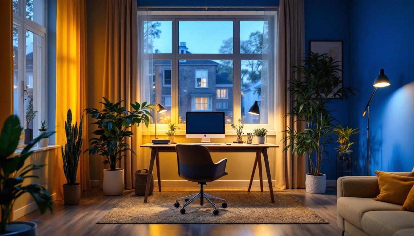 A photograph of a well-designed home office space featuring a variety of lighting solutions