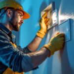 A photograph of a skilled lighting contractor installing or inspecting a wall light junction box in a well-lit interior setting