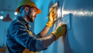 A photograph of a skilled lighting contractor installing or inspecting a wall light junction box in a well-lit interior setting