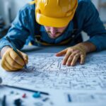 A photograph of a lighting contractor examining a complex fluorescent wiring diagram