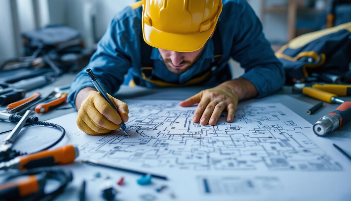 A photograph of a lighting contractor examining a complex fluorescent wiring diagram