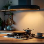 A photograph of a stylish and functional light fixture installed above a modern stove in a well-lit kitchen