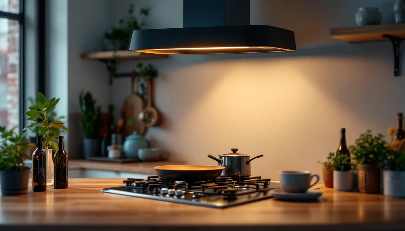A photograph of a stylish and functional light fixture installed above a modern stove in a well-lit kitchen