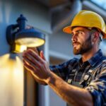 A photograph of a skilled lighting contractor installing a post light motion detector in a residential setting