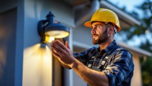 A photograph of a skilled lighting contractor installing a post light motion detector in a residential setting