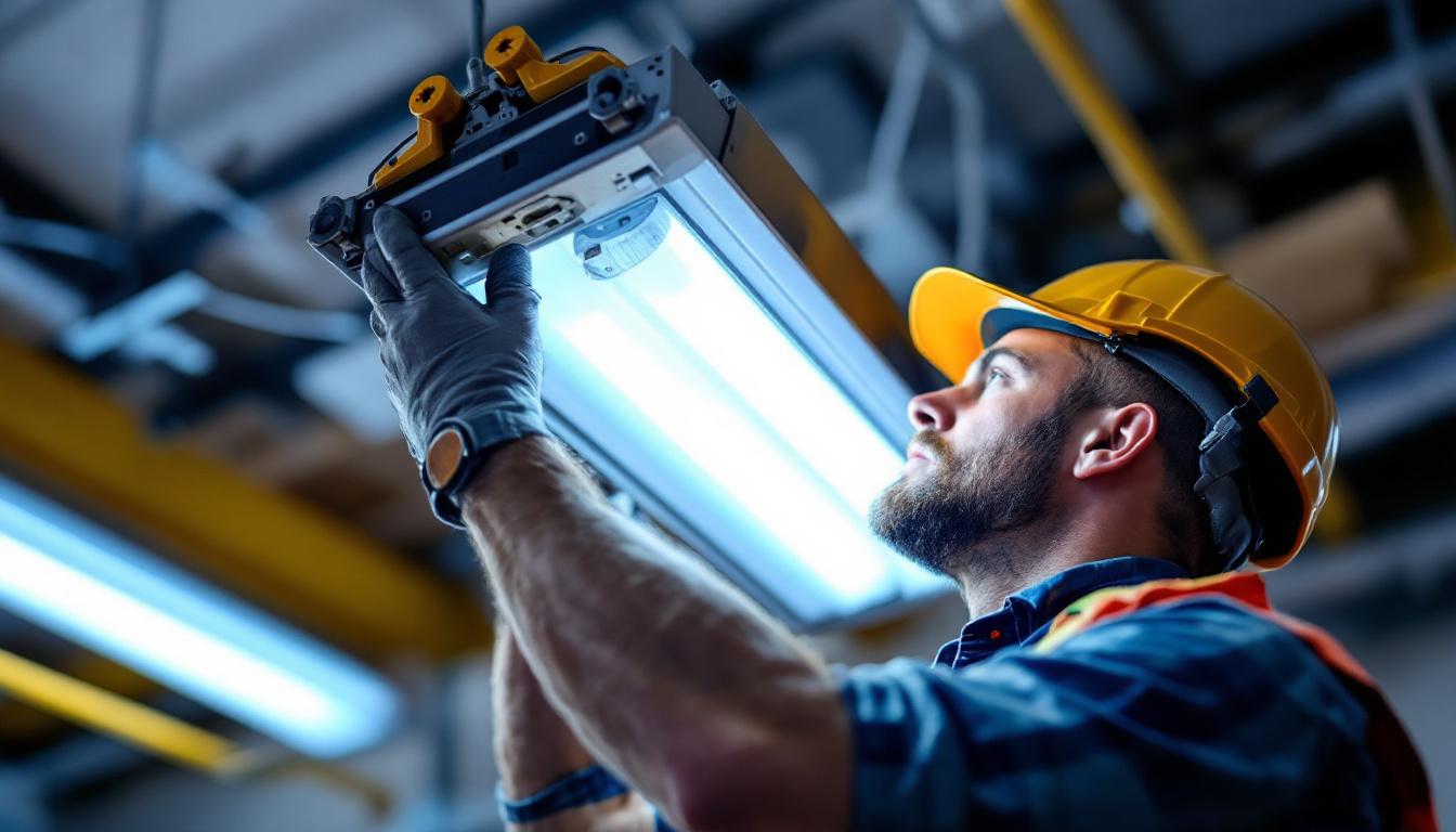 A photograph of a skilled lighting contractor carefully removing the cover from a fluorescent light fixture