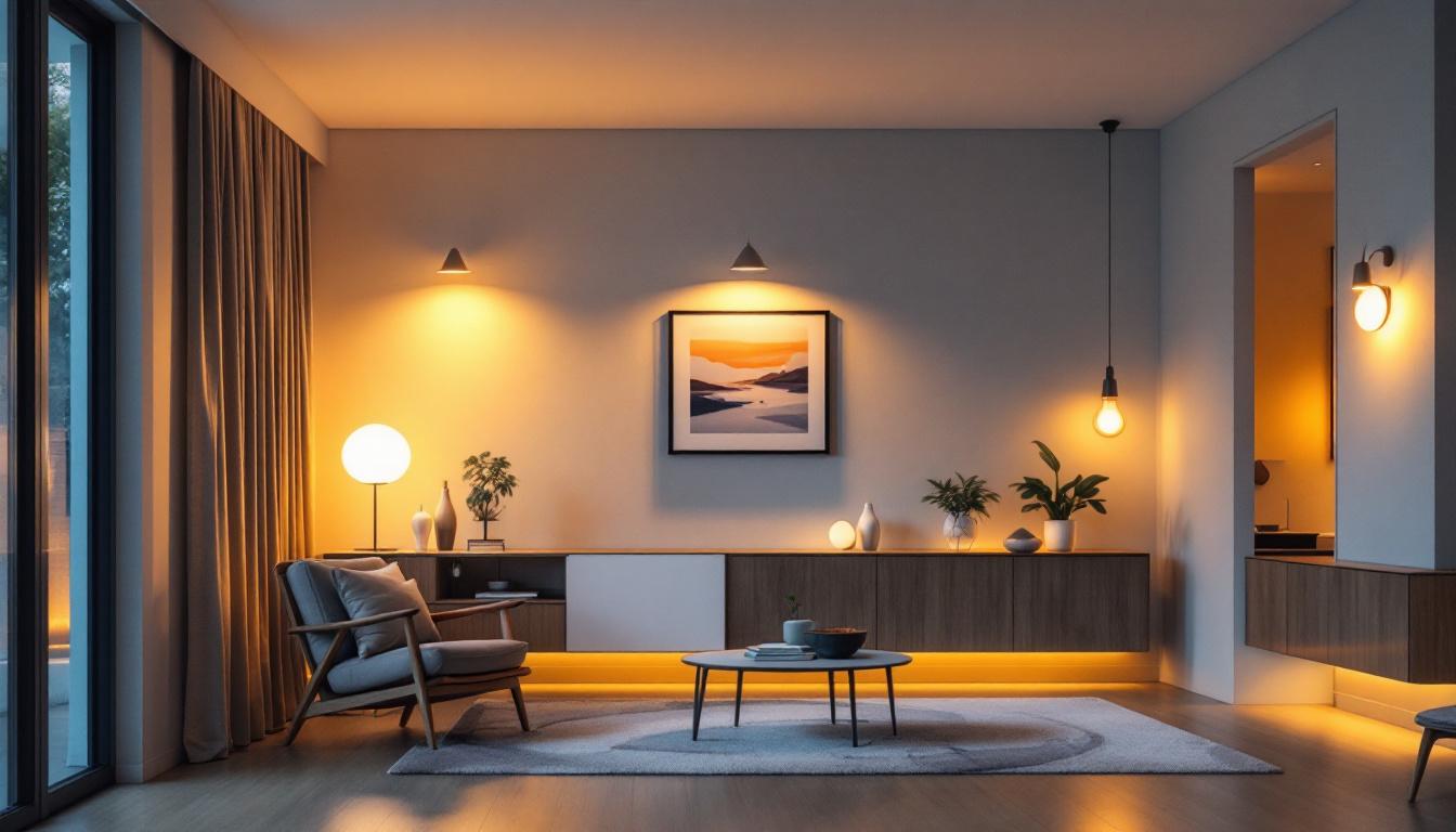 A photograph of a well-lit modern home interior showcasing stylish and energy-efficient light fixtures