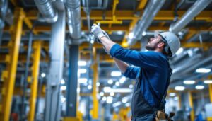 A photograph of a lighting contractor actively engaged in installing or adjusting energy-efficient lighting systems in a commercial or industrial setting