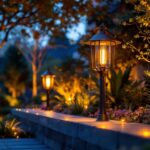 A photograph of a modern outdoor lighting installation that seamlessly blends traditional gas light aesthetics with contemporary design elements