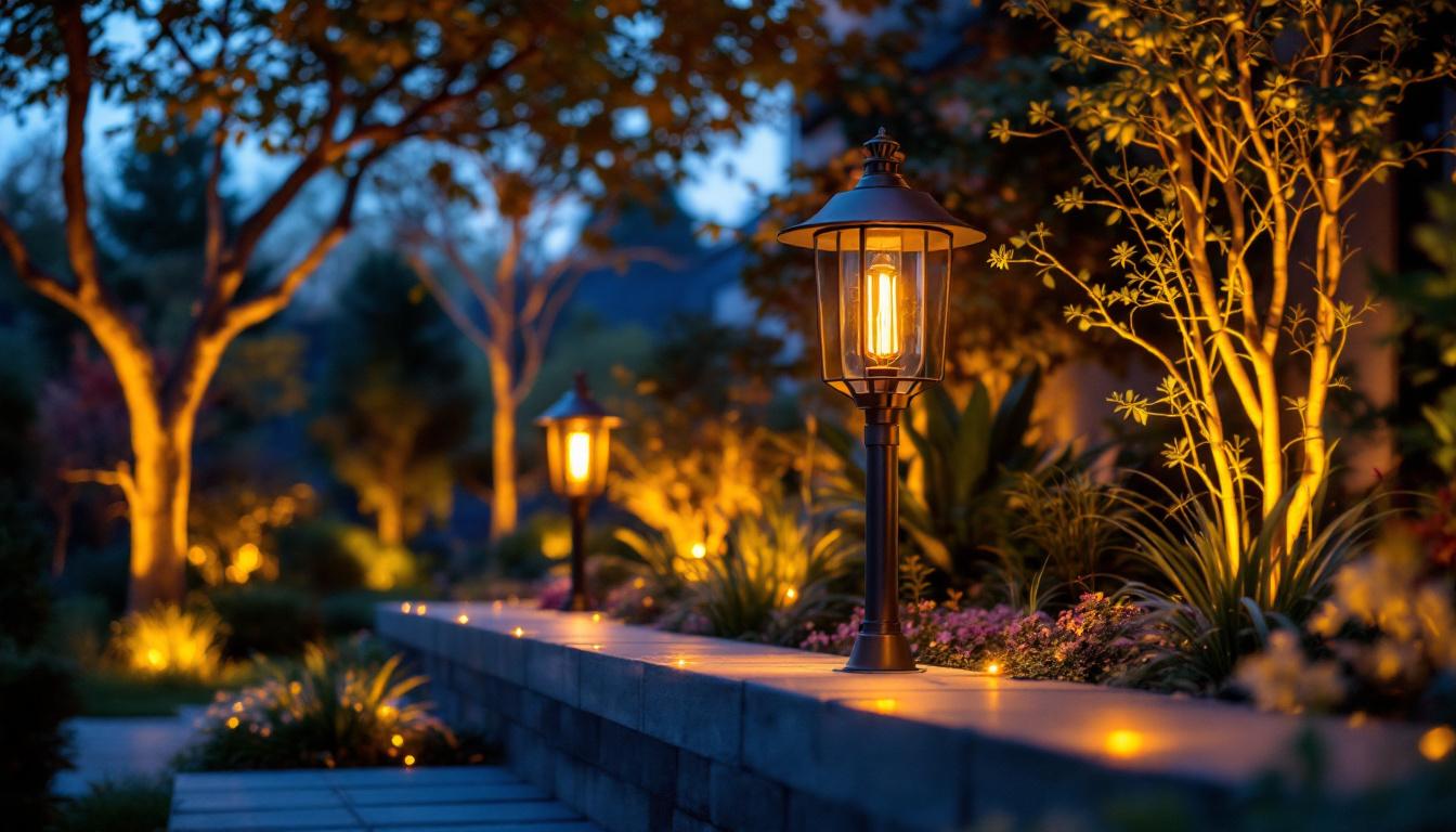 A photograph of a modern outdoor lighting installation that seamlessly blends traditional gas light aesthetics with contemporary design elements