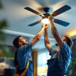 A photograph of a skilled lighting contractor installing a stylish ceiling fan in a modern living space