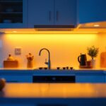 A photograph of a well-lit kitchen showcasing under cabinet lighting in action