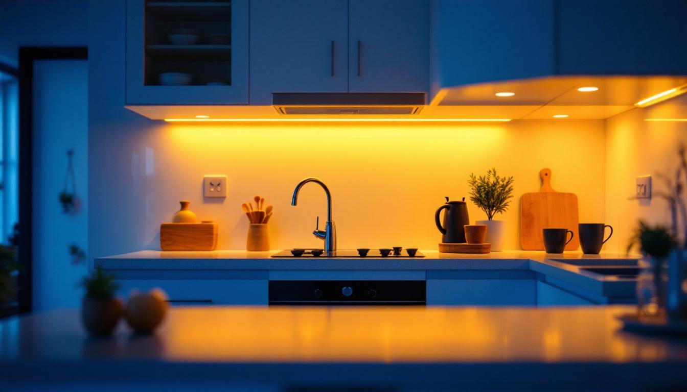 A photograph of a well-lit kitchen showcasing under cabinet lighting in action