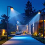A photograph of a beautifully illuminated outdoor space featuring various types of electric lighting installations