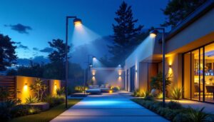 A photograph of a beautifully illuminated outdoor space featuring various types of electric lighting installations