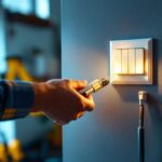 A photograph of a lighting contractor skillfully installing a ceiling fan switch control