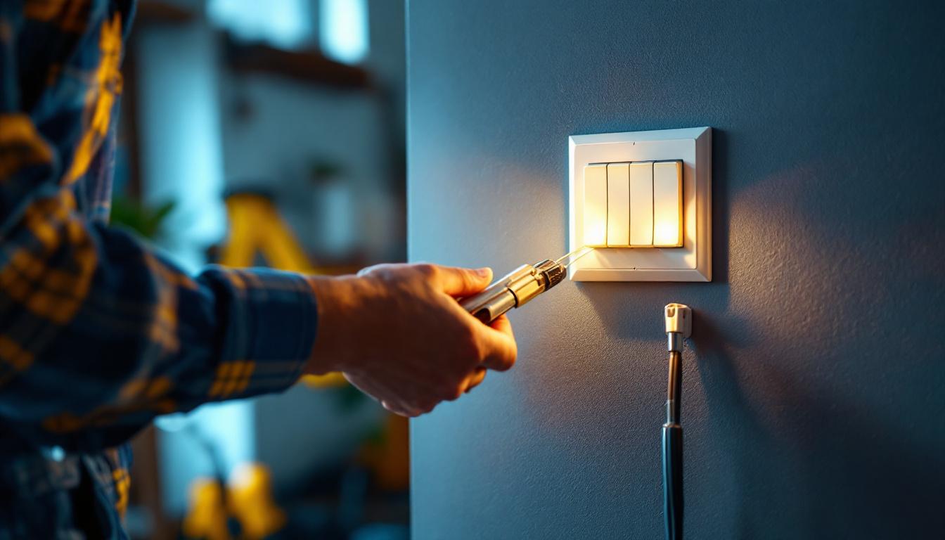 A photograph of a lighting contractor skillfully installing a ceiling fan switch control