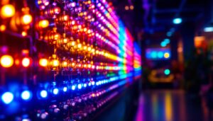 A photograph of a vibrant multicolor led light installation in a modern setting