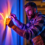 A photograph of a skilled lighting contractor expertly installing led strip lighting in a modern interior space