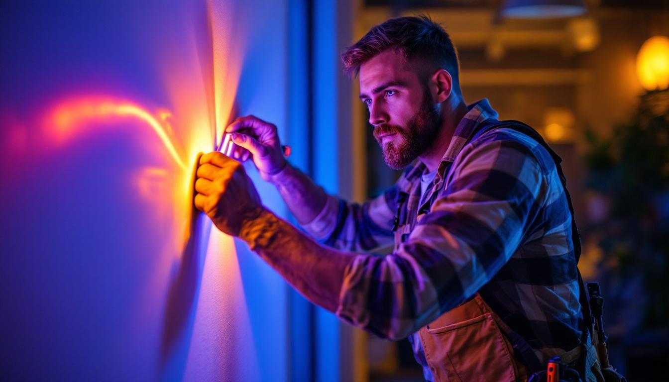 A photograph of a skilled lighting contractor expertly installing led strip lighting in a modern interior space