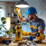 A photograph of a skilled lighting contractor installing a light fixture box extender in a well-lit