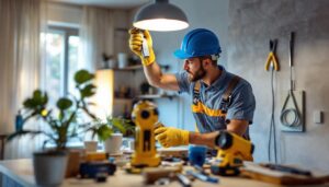 A photograph of a skilled lighting contractor installing a light fixture box extender in a well-lit