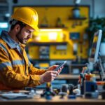A photograph of a lighting professional examining a variety of leviton products in a well-lit showroom