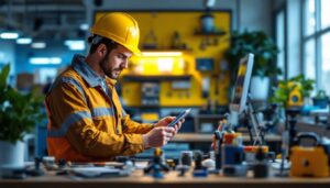 A photograph of a lighting professional examining a variety of leviton products in a well-lit showroom