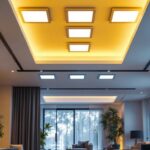 A photograph of a beautifully designed interior space featuring square recessed ceiling lights