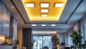 A photograph of a beautifully designed interior space featuring square recessed ceiling lights