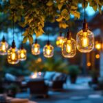 A photograph of a beautifully arranged scene featuring hanging glass lanterns in a stylish outdoor setting