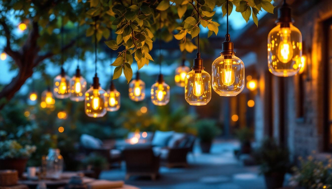 A photograph of a beautifully arranged scene featuring hanging glass lanterns in a stylish outdoor setting