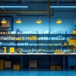 A photograph of a well-organized workshop illuminated by bright led lights